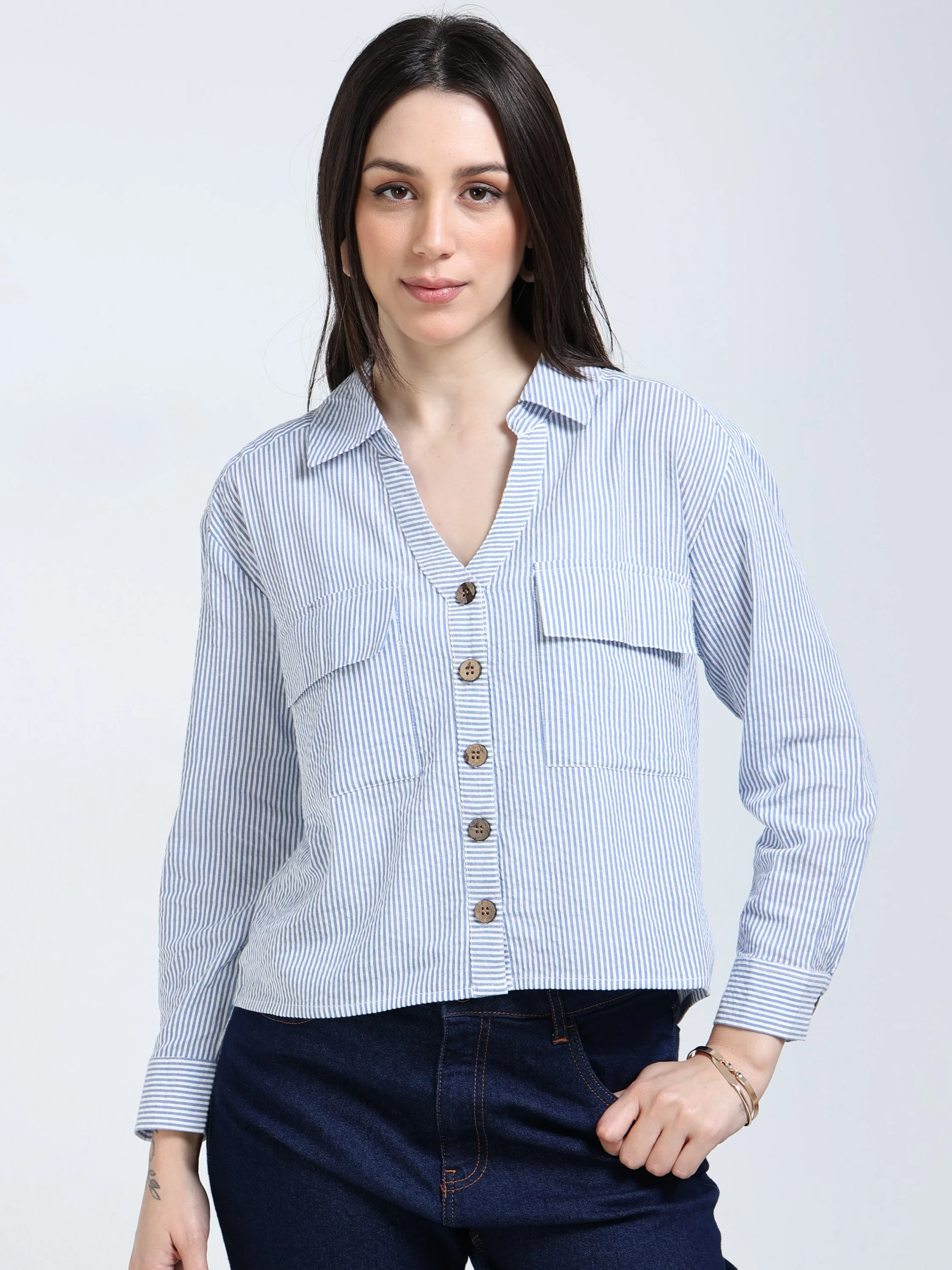 Women Blue Striped Boxy Shirt