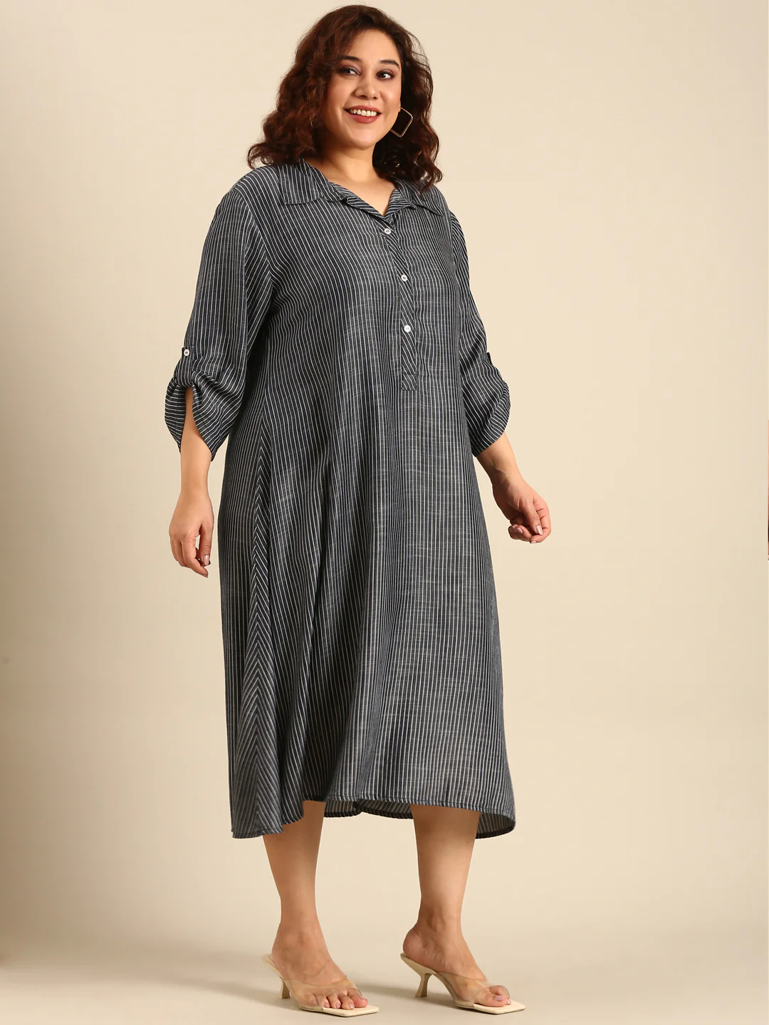 Women Blue Tencel Striped A-Line Shirt Dress - Image 6