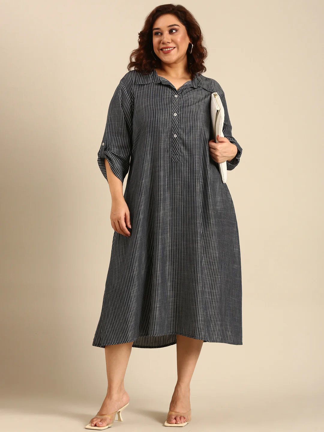 Women Blue Tencel Striped A-Line Shirt Dress - Image 7