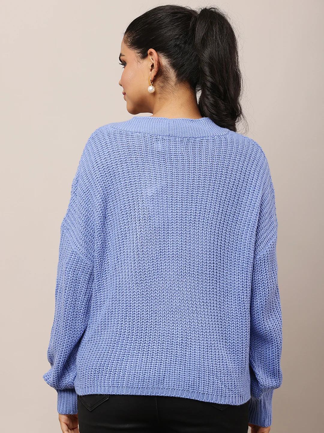 Women Blue V-Neck Acrylic Cardigan - Image 4