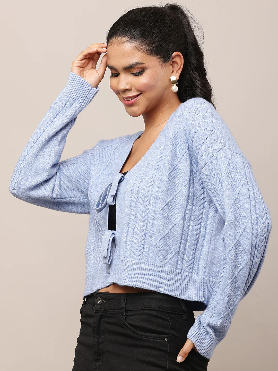 Women Blue V-Neck Acrylic Cardigan - Image 2