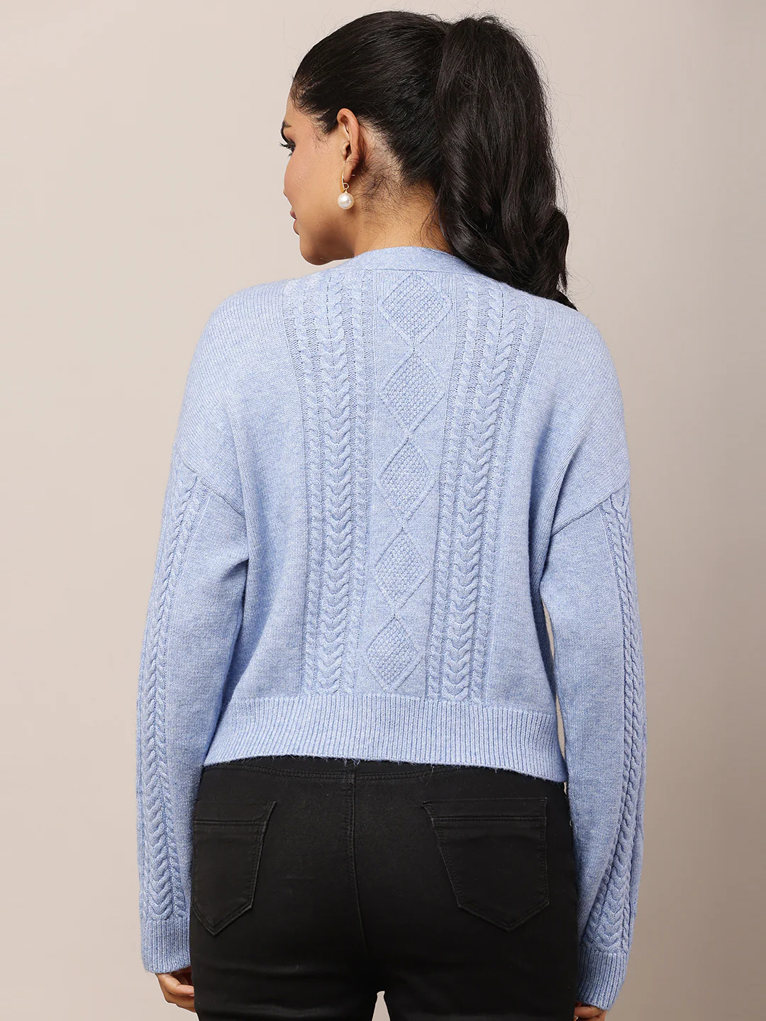 Women Blue V-Neck Acrylic Cardigan - Image 4