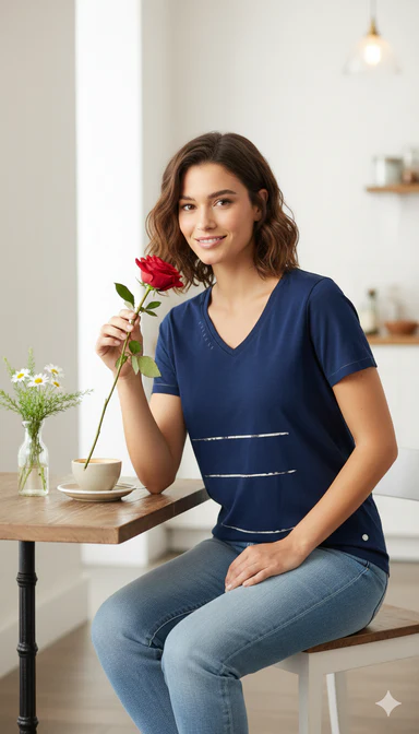 Women Blue V-Neck T-Shirt - Image 5