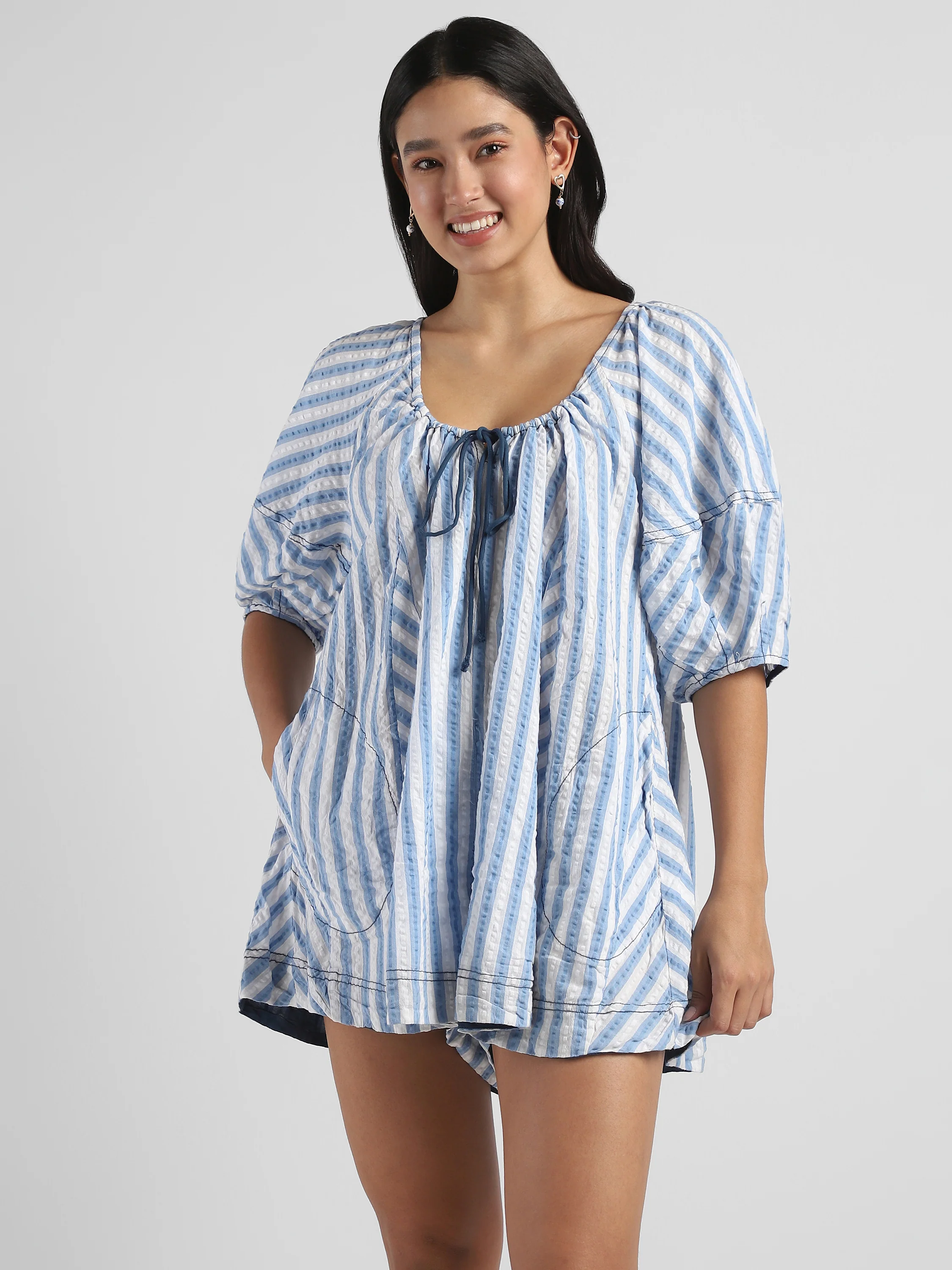 Women Blue Vertical Stripe Comfort Fit Romper