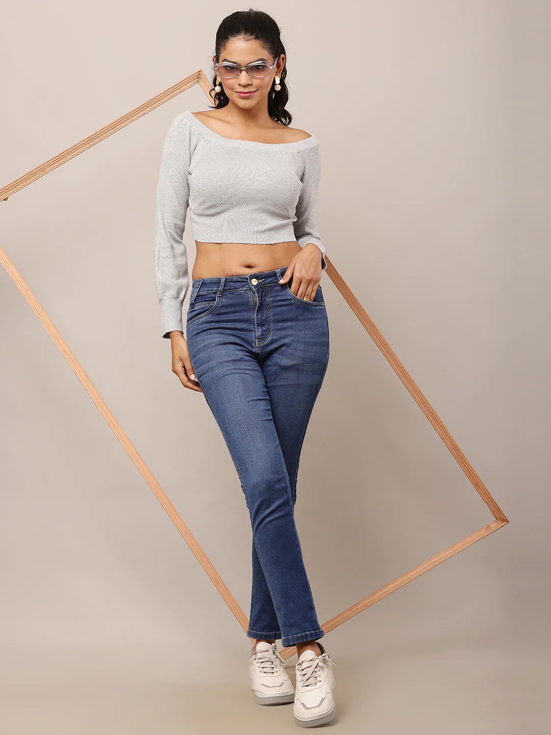 Women Boat Neck Ribbed Grey Crop Top - Image 3
