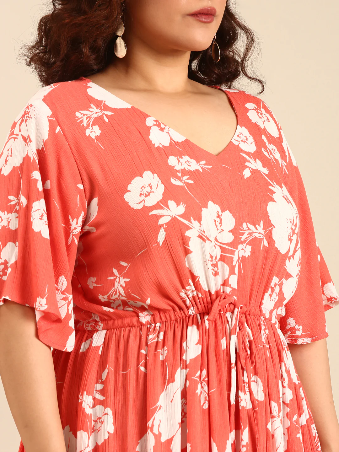 Women Boho Orange Floral Printed Dress with Waist Tie - Image 4