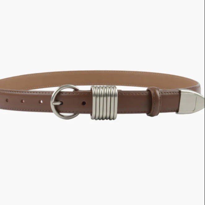 Women Brown Chunky Buckle Skinny Leather Belt