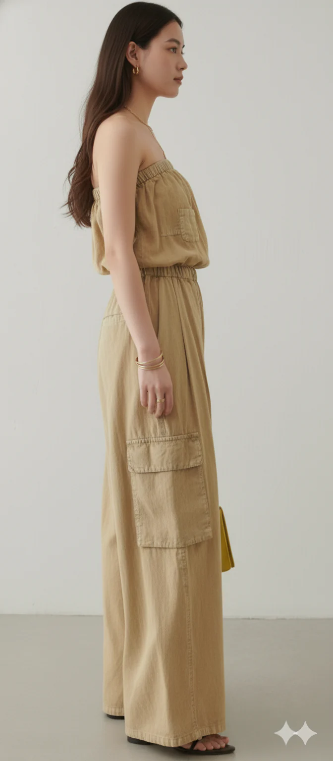 Women Brown Cotton Tube Cargo Jumpsuit - Image 5