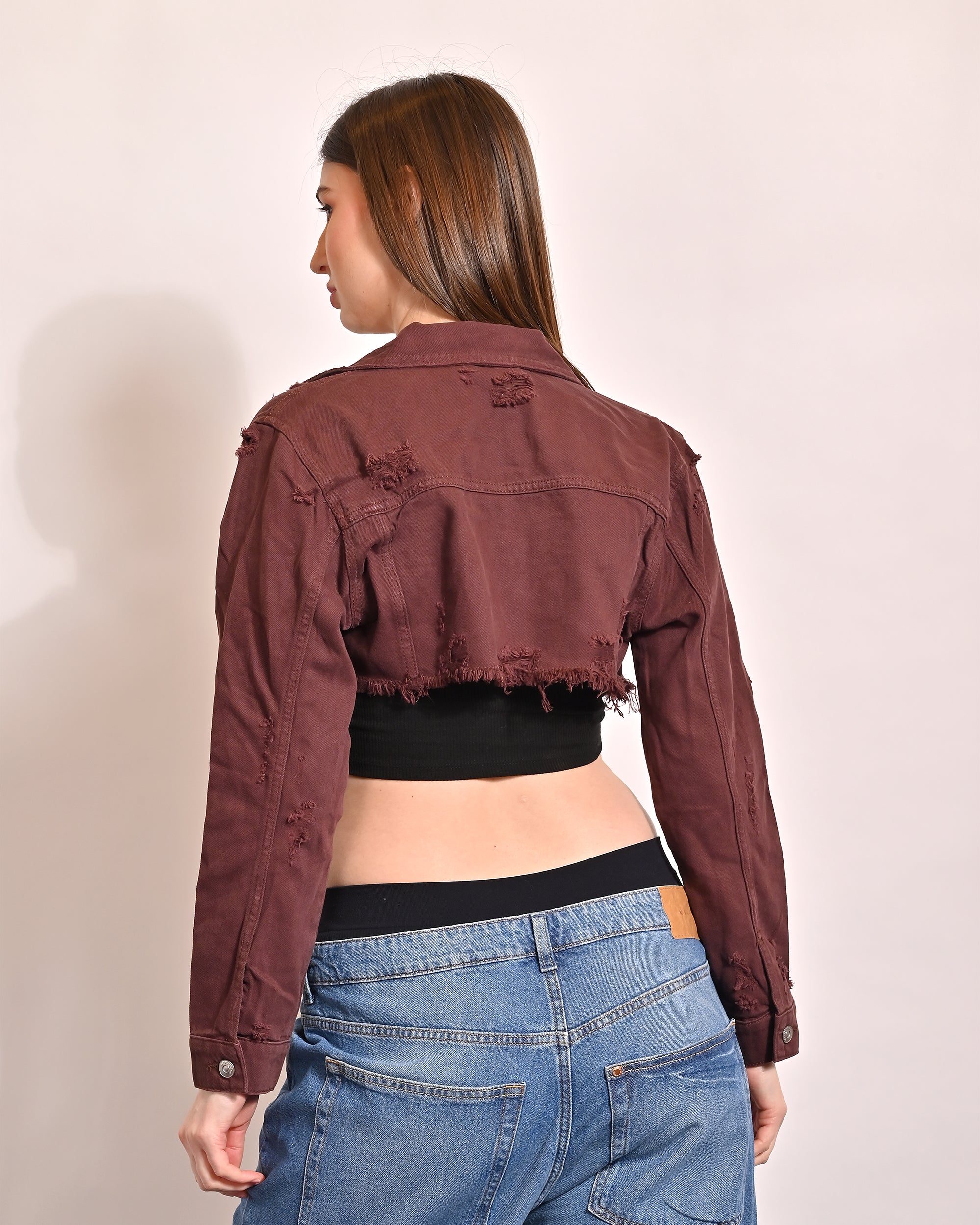 Women Brown Crop Jacket - Image 3