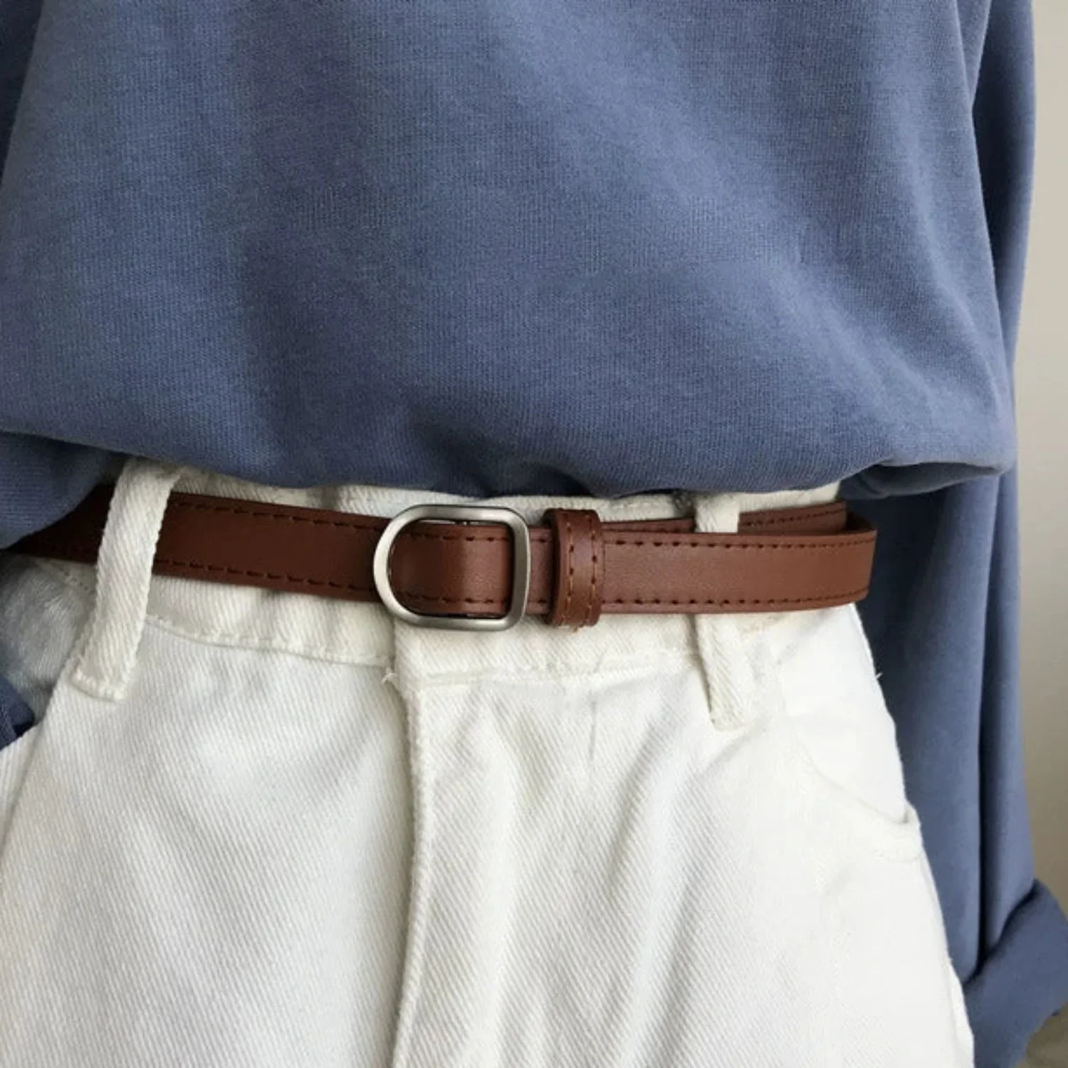 Women Brown Matte Silver D Buckle Brown Belt