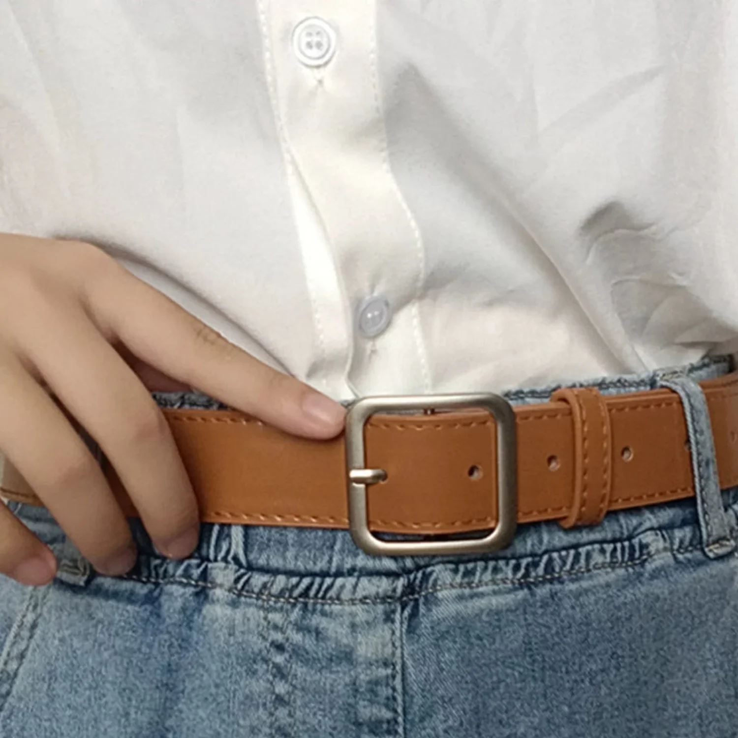 Women Brown Matte Silver Square Buckle Tan Belt