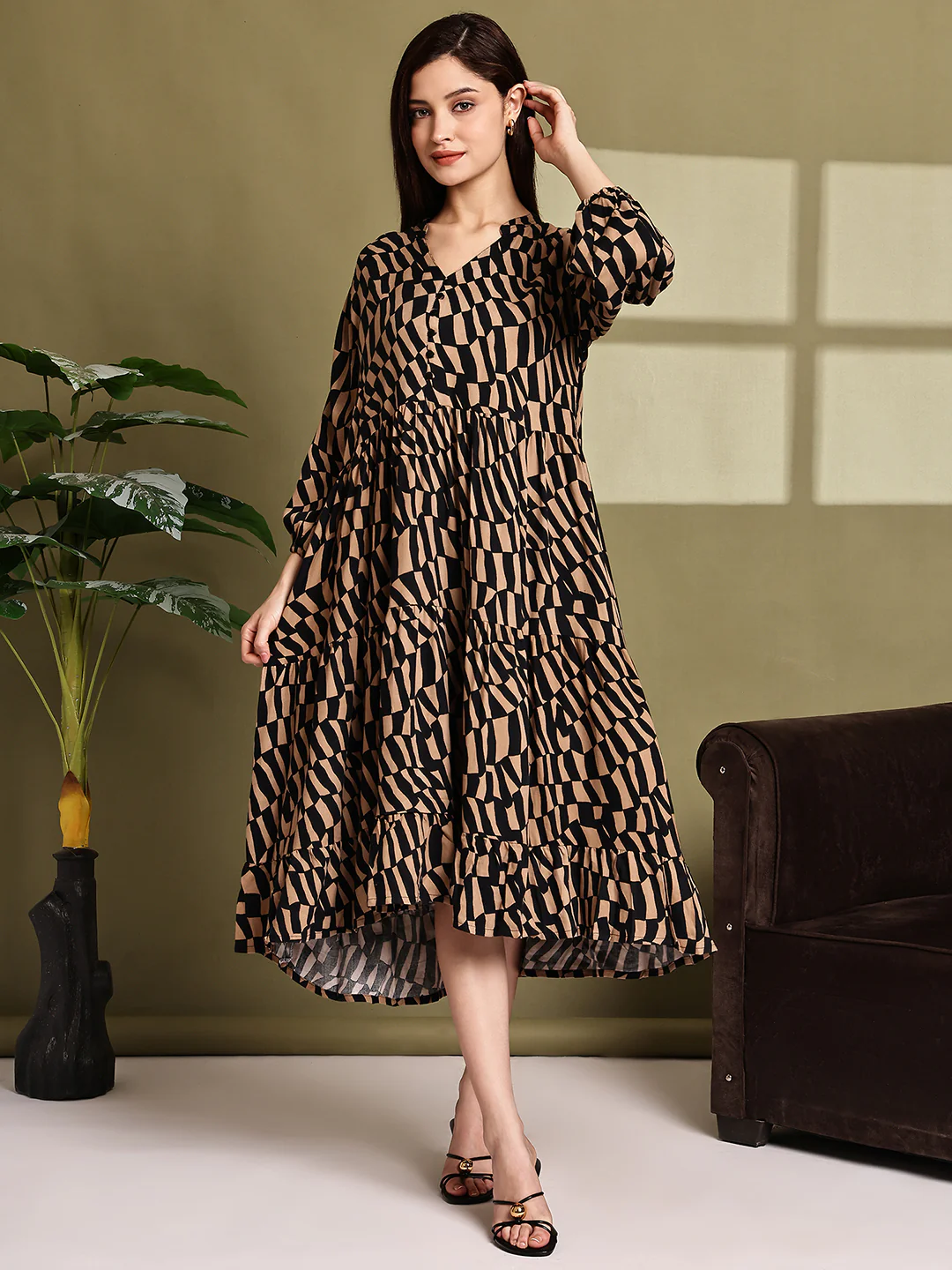 Women Brown Printed Cotton Tiered Midi Dress