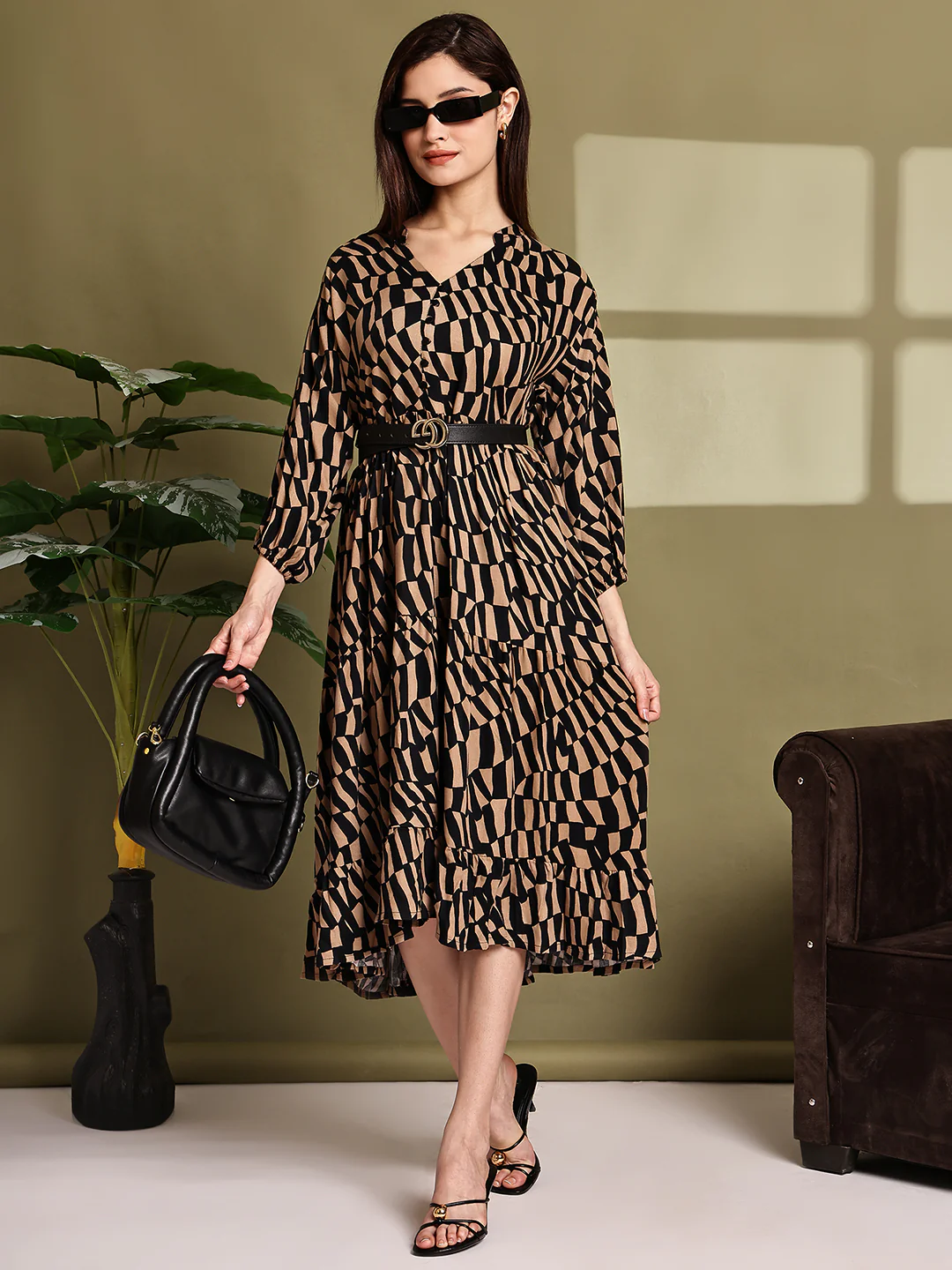 Women Brown Printed Cotton Tiered Midi Dress - Image 4