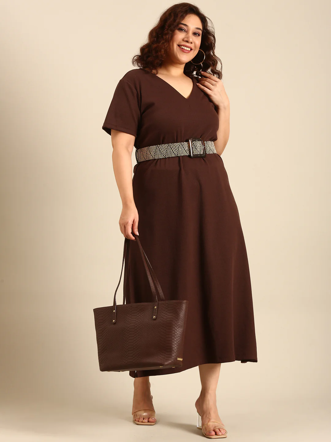 Women Brown Rib A-Line Dress - Image 7