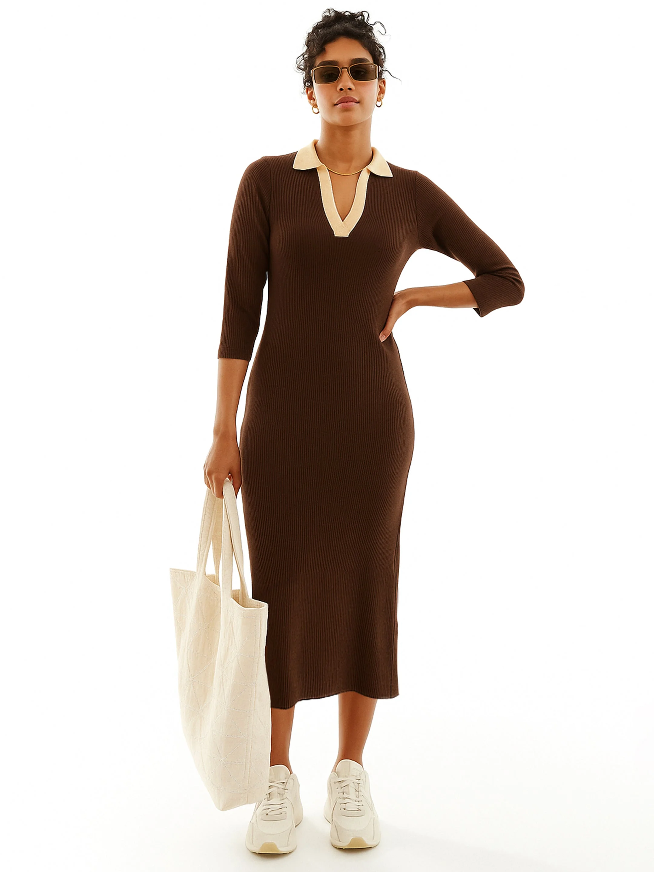 Women Brown Rib Contrast Collar Midi Dress