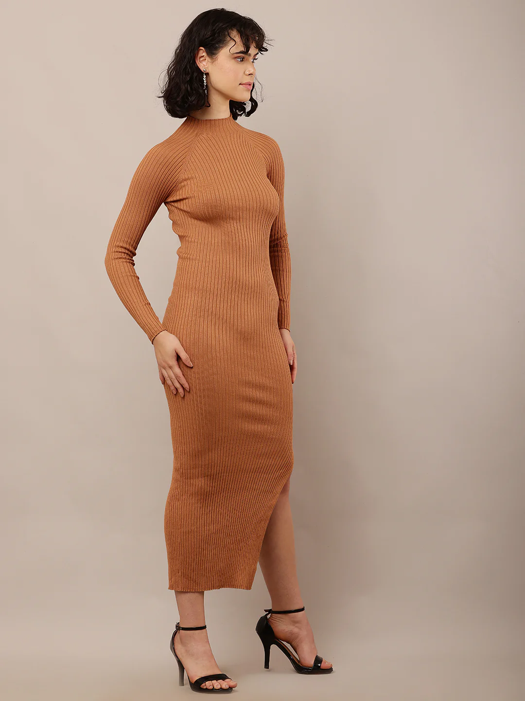 Women Brown Ribbed Bodycon Dress with Turtle Neck - Image 2