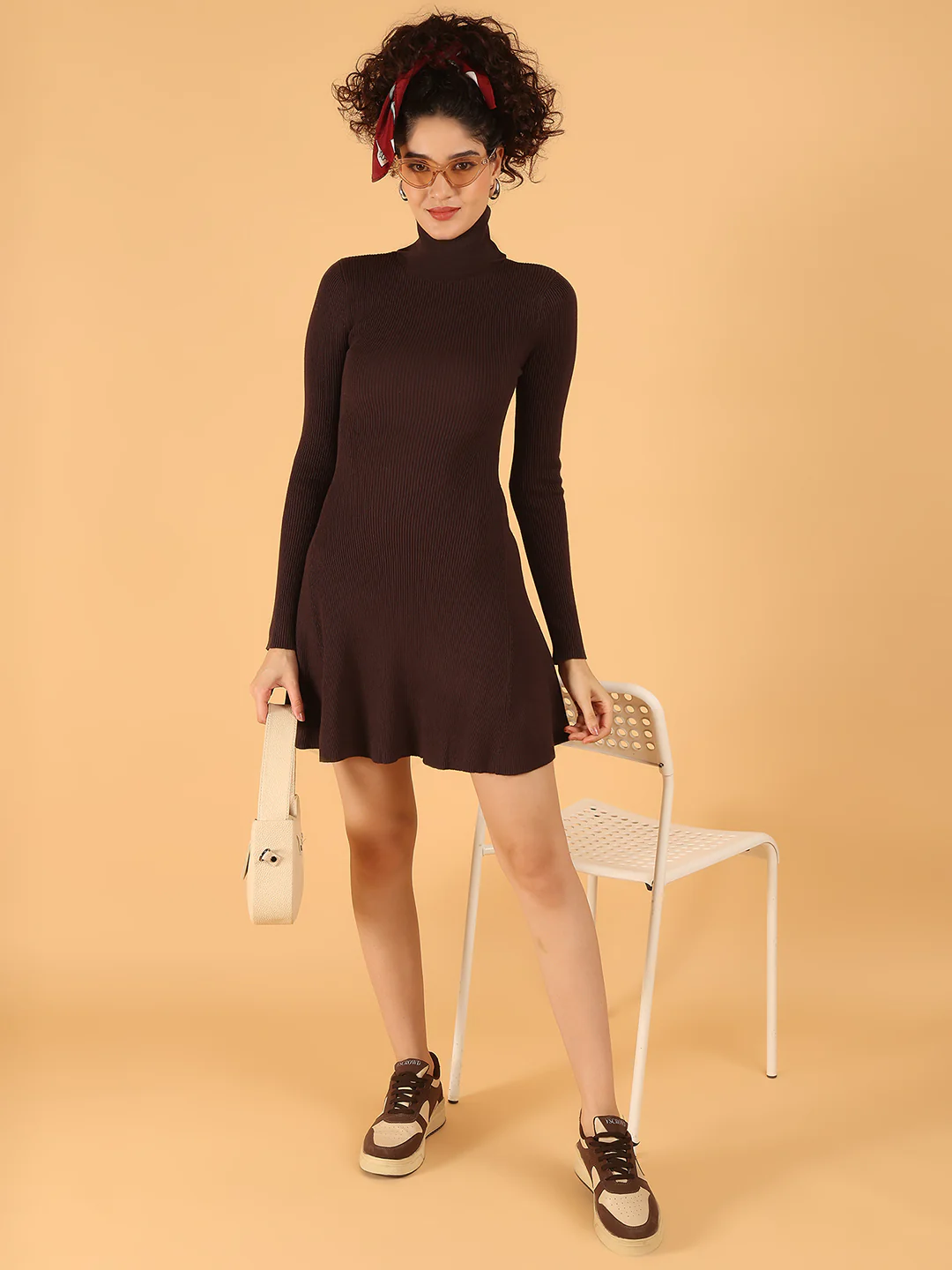 Women Brown Ribbed Bodycon Mini Dress - Image 3