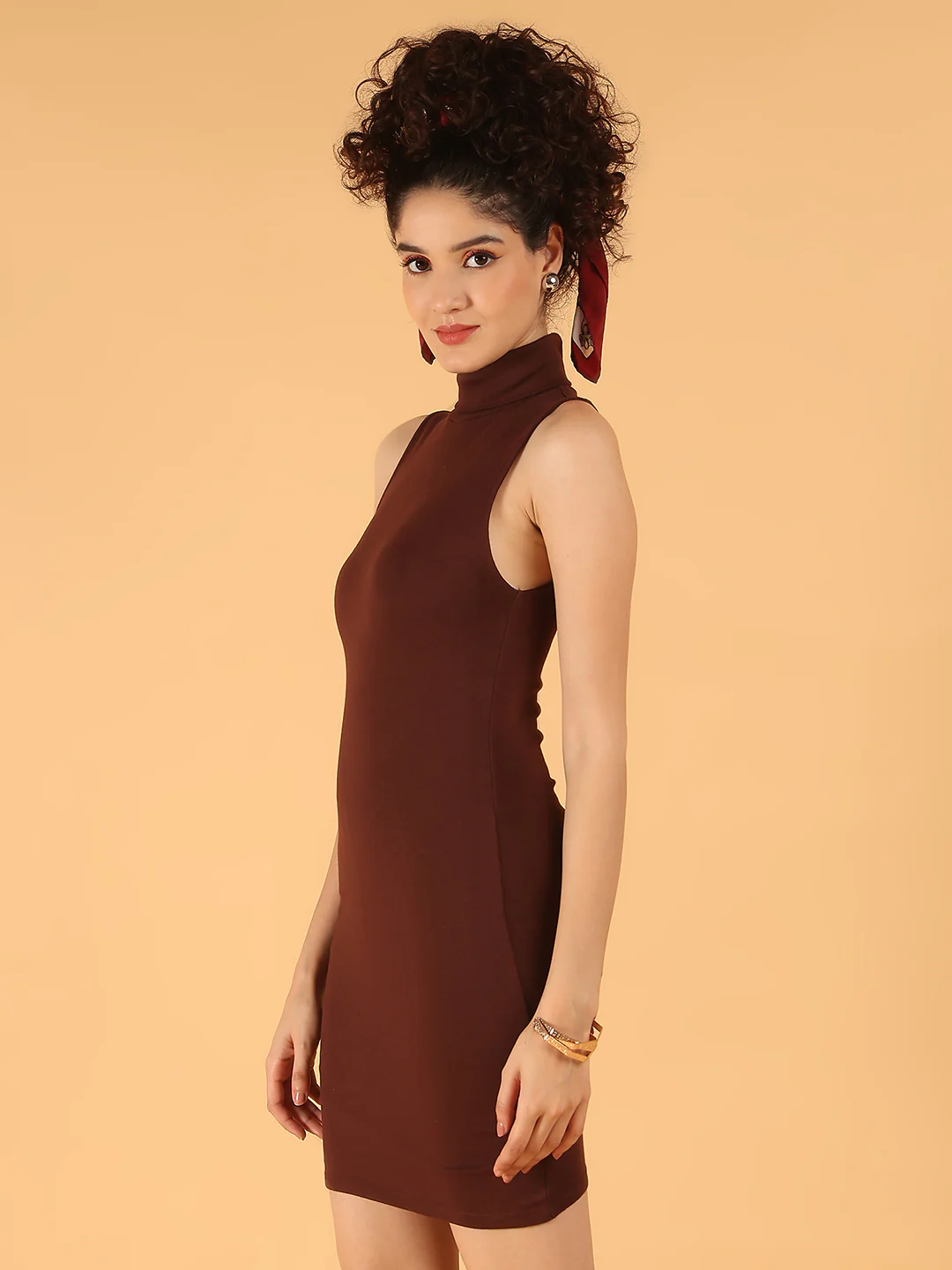 Women Brown Sleeveless Bodycon High Neck Dress - Image 2