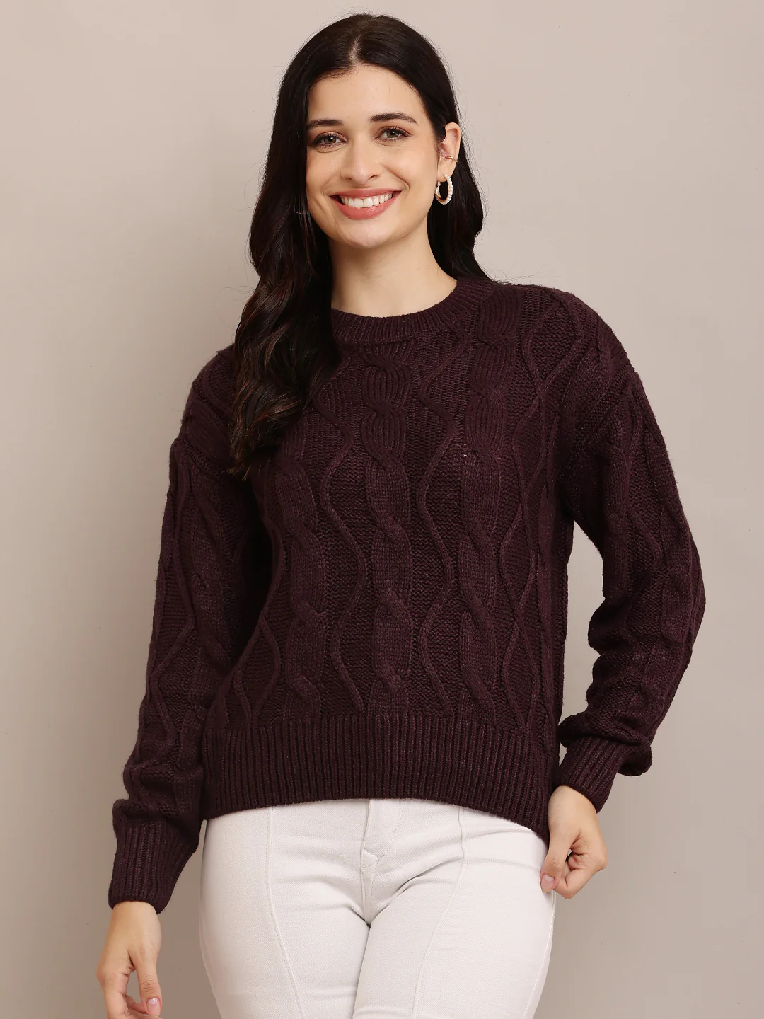 Women Cable Knit Dark Purple Sweater