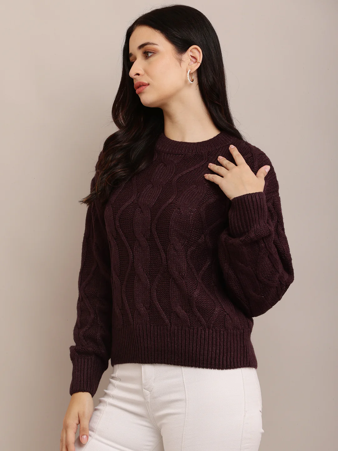 Women Cable Knit Dark Purple Sweater - Image 2