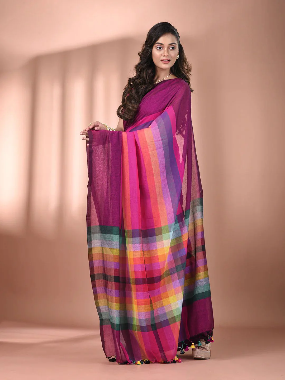 Women Cotton Rainbow Checks Saree - Image 3