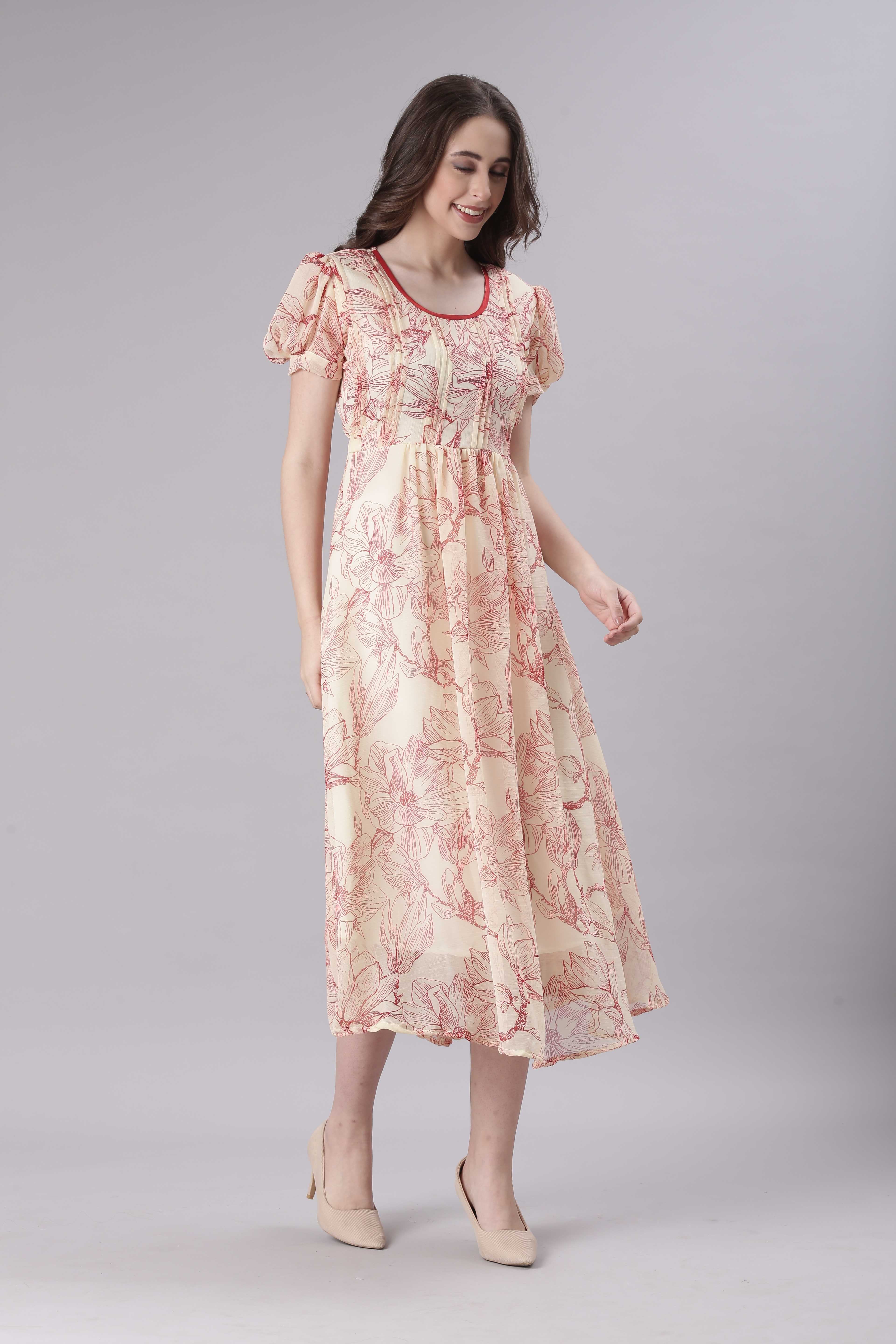 Women Cream Floral Printed Fit & Flare Dress