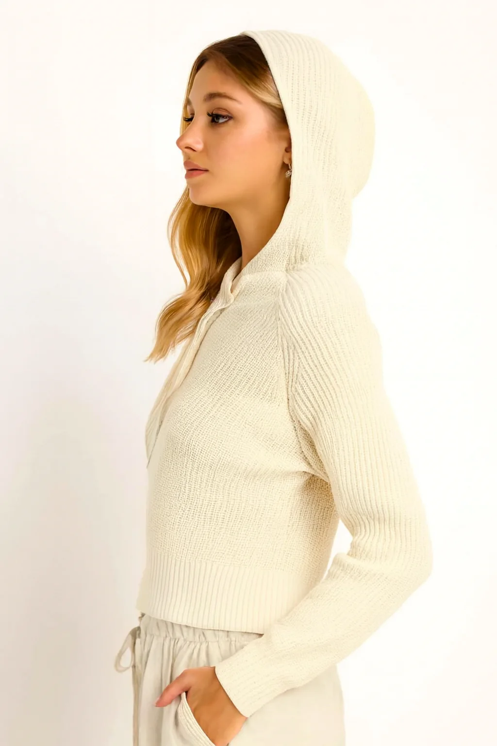 Women Cream Hooded Sweater - Image 2