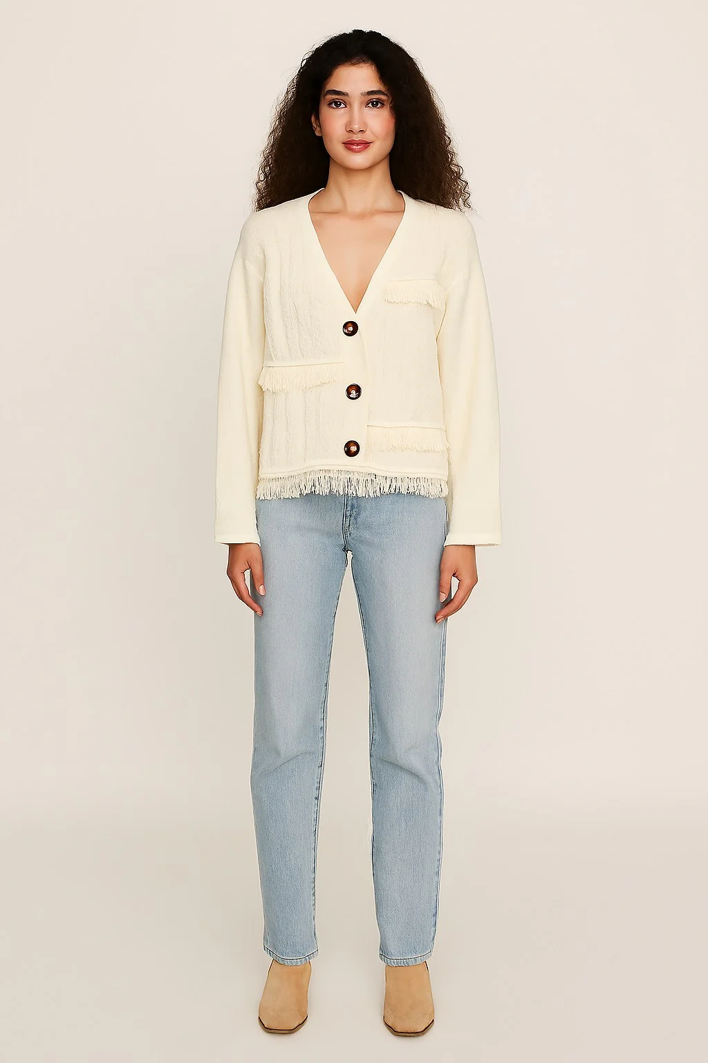 Women Cream Polyester Full Sleeve Textured Fringe Detail Cardigan