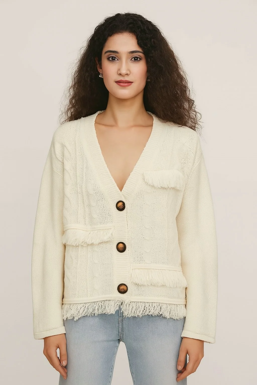 Women Cream Polyester Full Sleeve Textured Fringe Detail Cardigan - Image 2