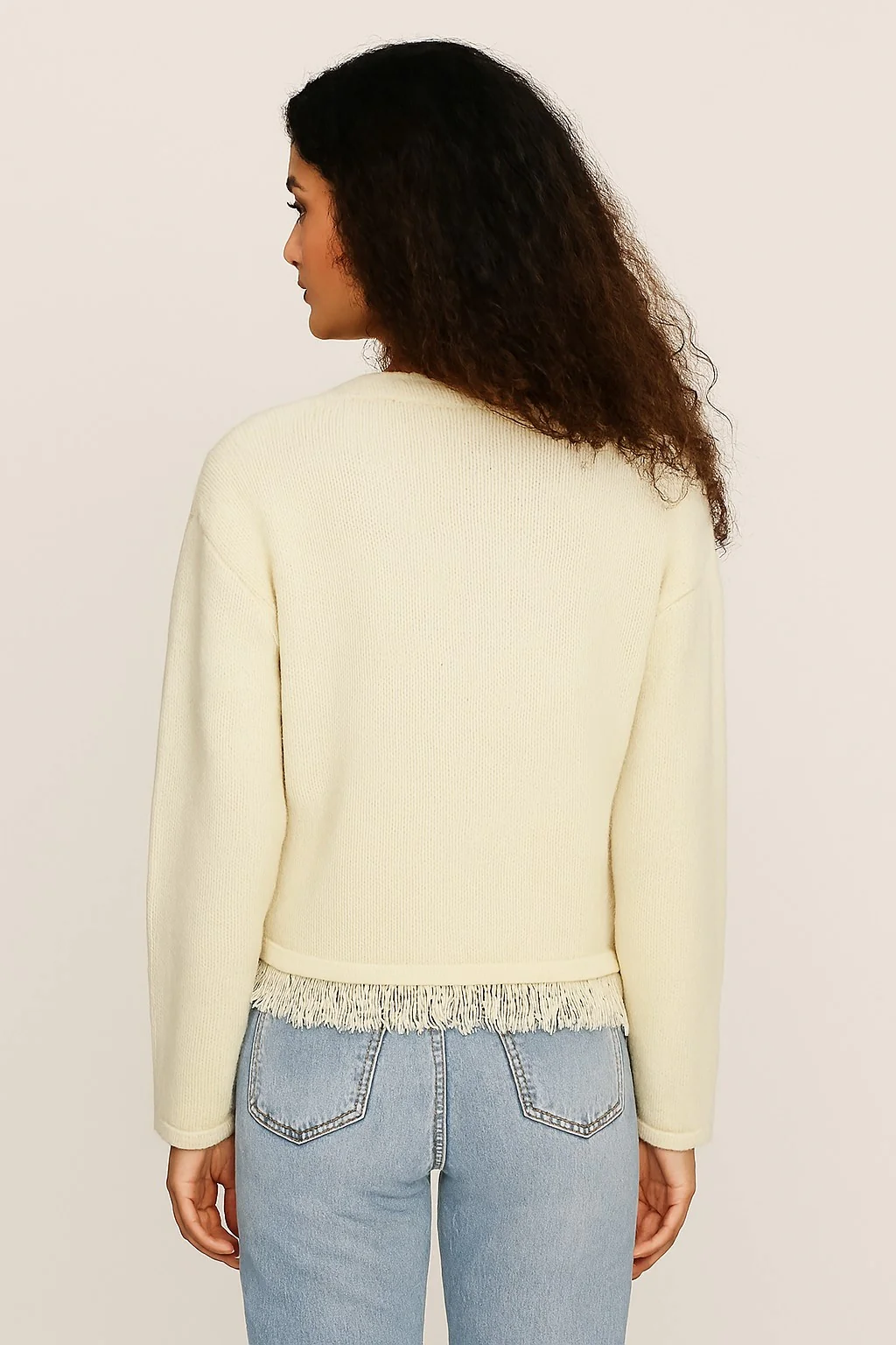 Women Cream Polyester Full Sleeve Textured Fringe Detail Cardigan - Image 4