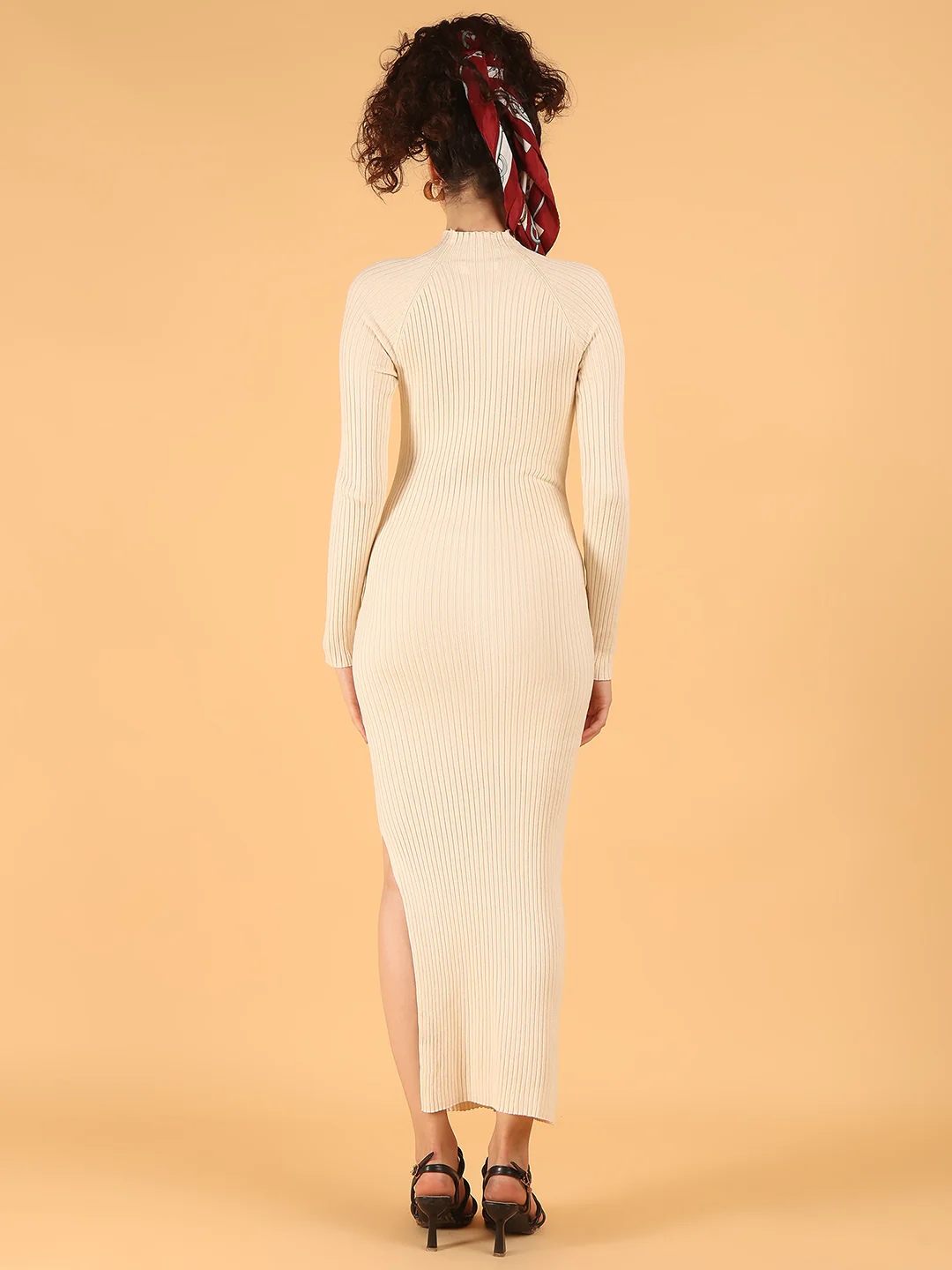 Women Cream Ribbed Midi Dress with Turtle Neck - Image 4