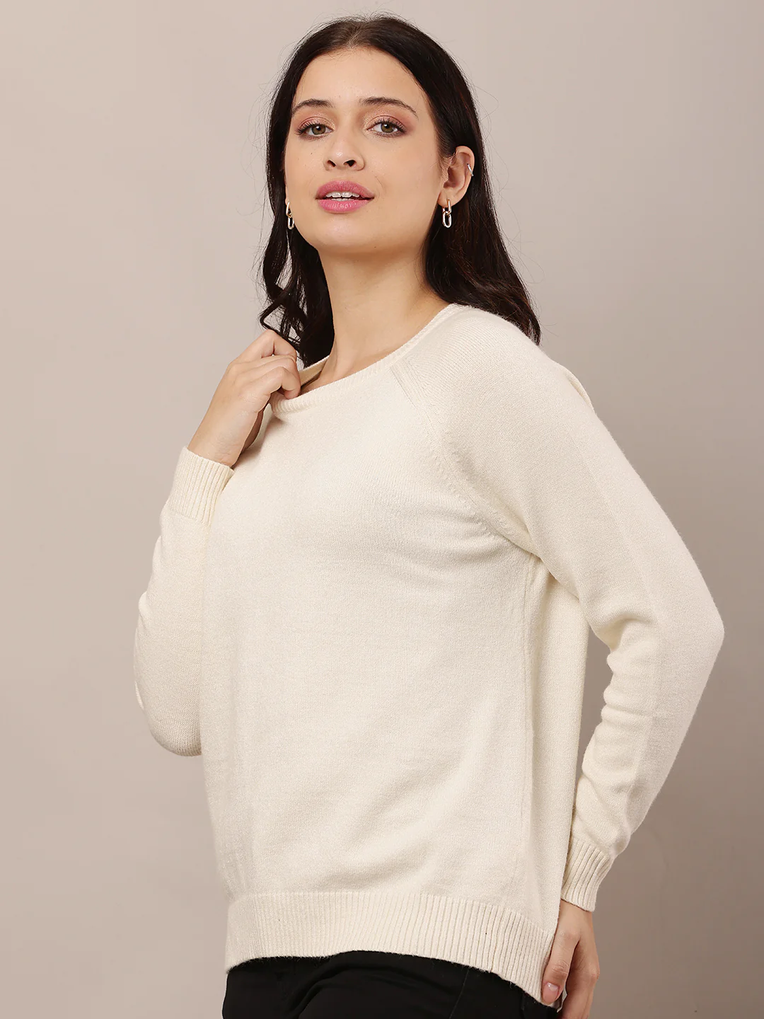 Women Cream Round Neck Sweater