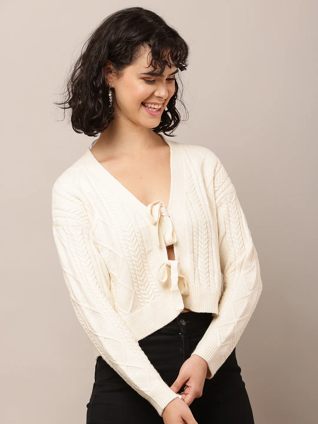 Women Cream V-Neck Acrylic Cardigan - Image 2