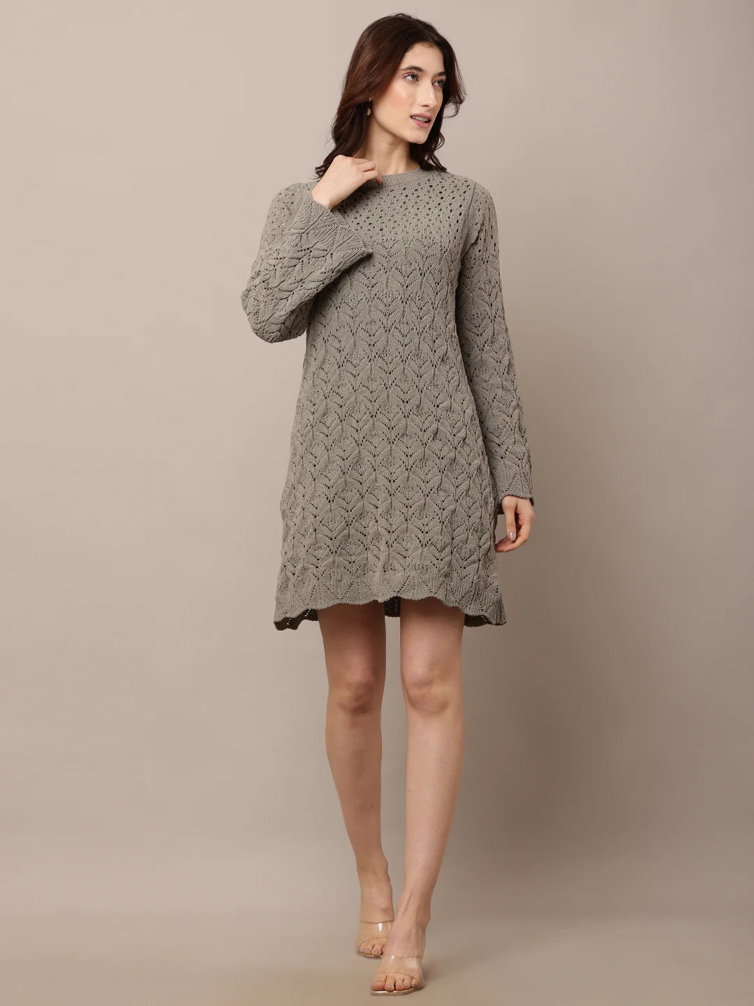Women Crew neck Crochet Light Green Shift Dress - Image 3