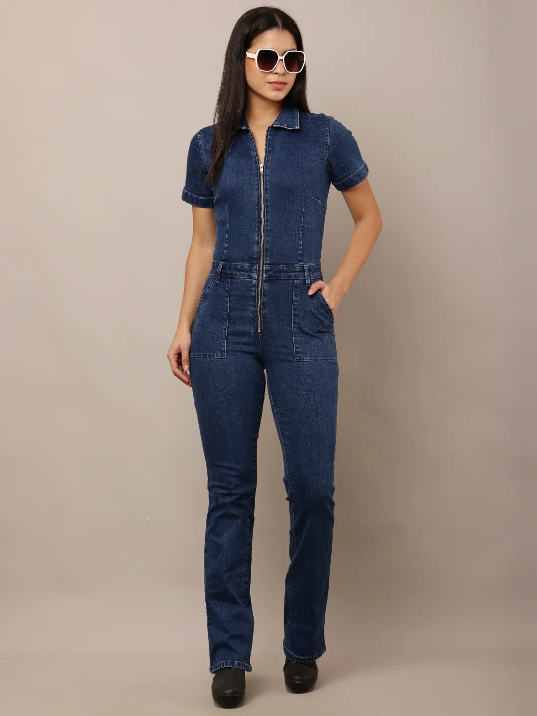Women Dark Blue Denim Zip Shirt Jumpsuit - Image 3