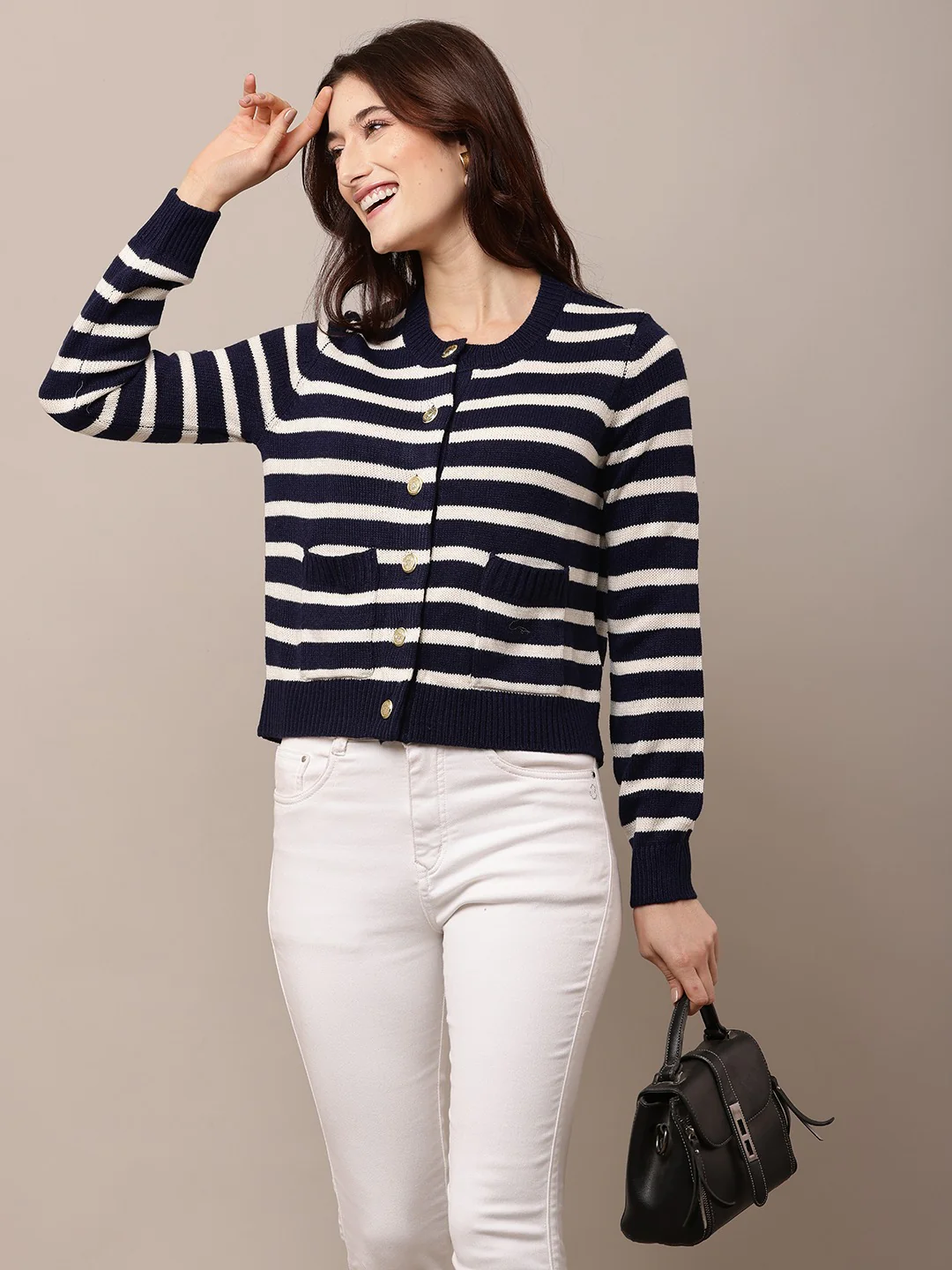 Women Dark Blue Striped Round Neck Cardigan - Image 2