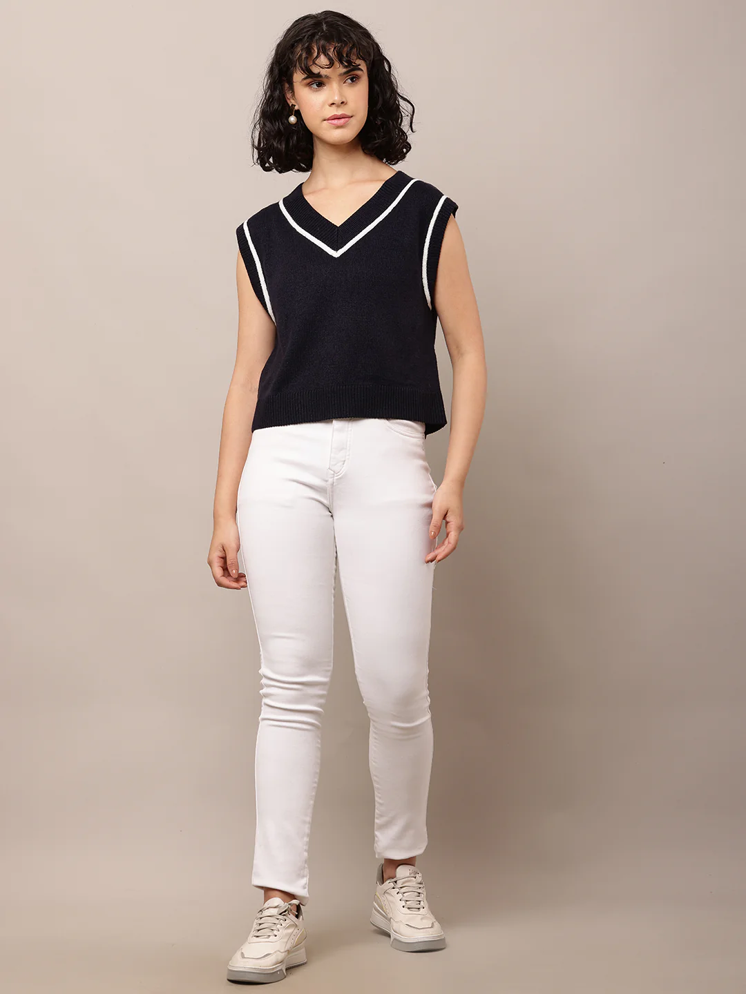 Women Dark Blue V-Neck Cotton Sweater Vest - Image 3