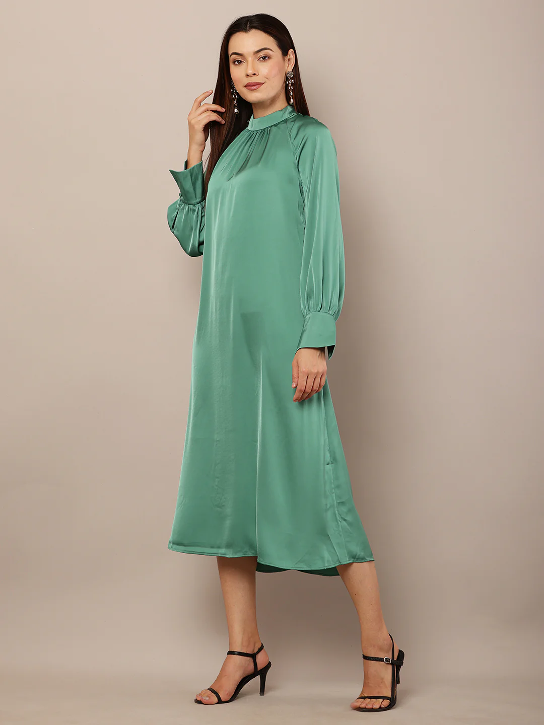 Women Dark Turquoise Balloon Sleeve Dress - Image 3