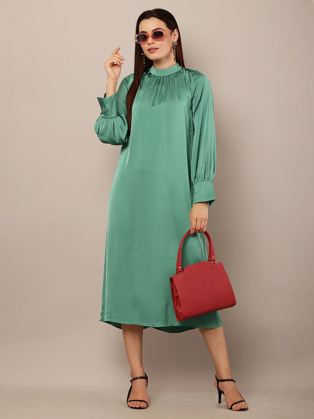Women Dark Turquoise Balloon Sleeve Dress - Image 6