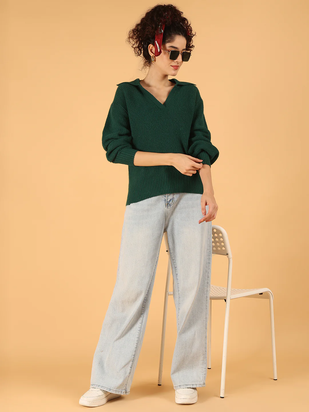 Women Forest Green Collared Knit Sweater - Image 3