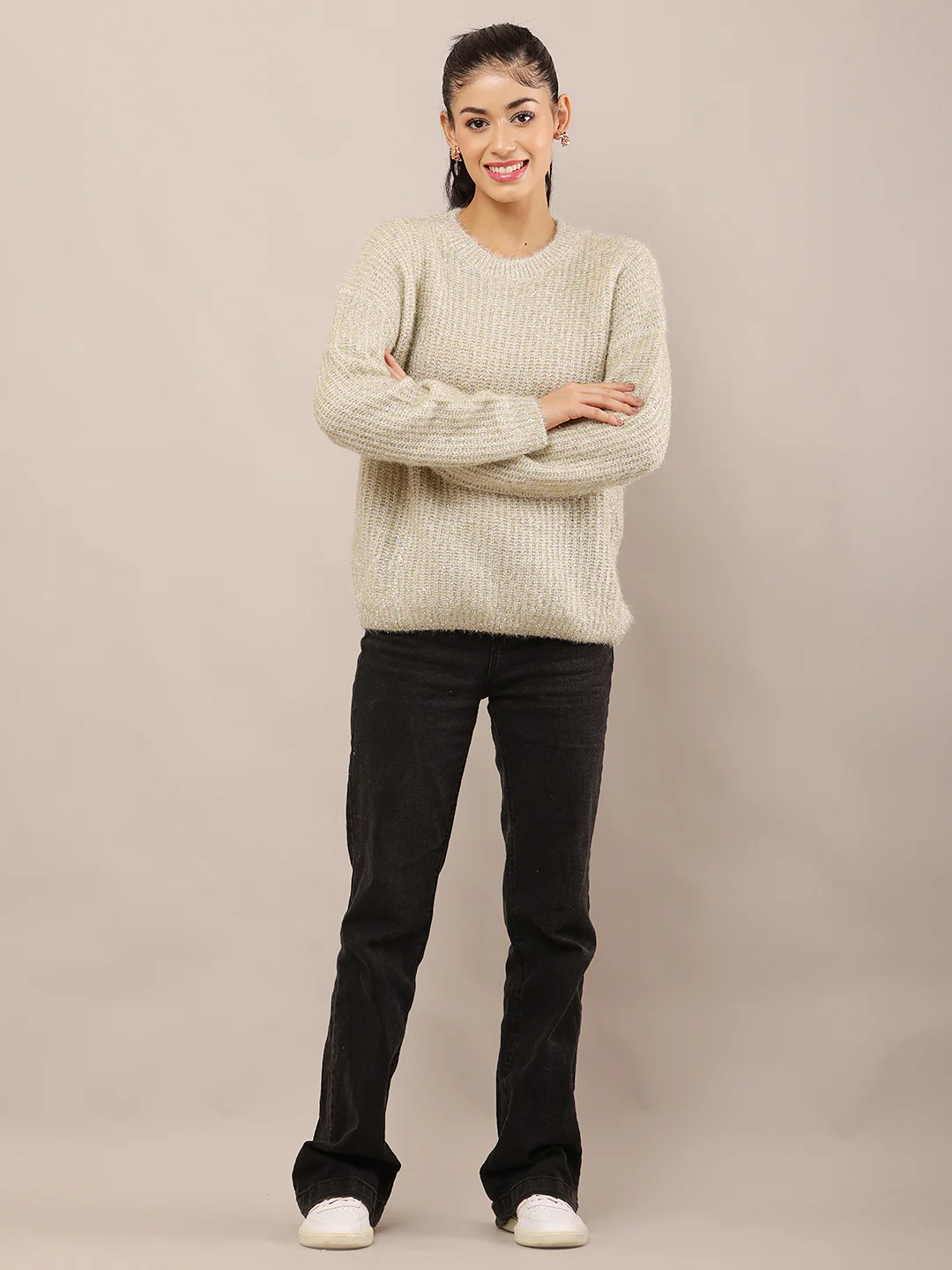 Women Golden Cream Shimmer Knit Sweater - Image 3