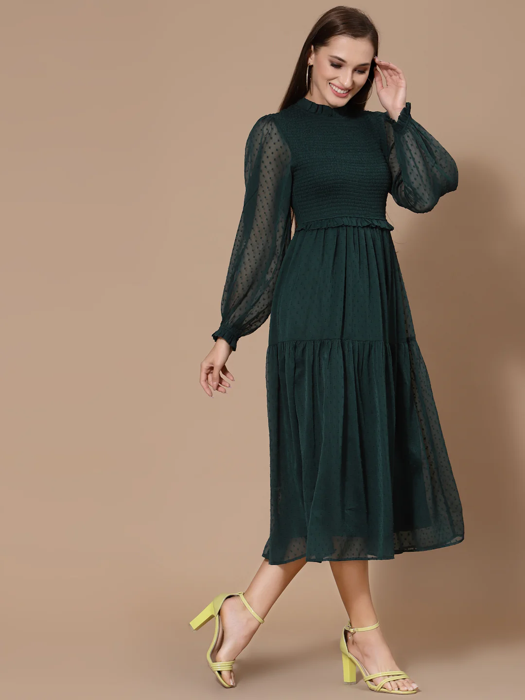 Women Green A-Line Odour Free Midi Dress