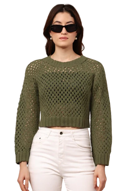 Women Green Acrylic Crop Sweater
