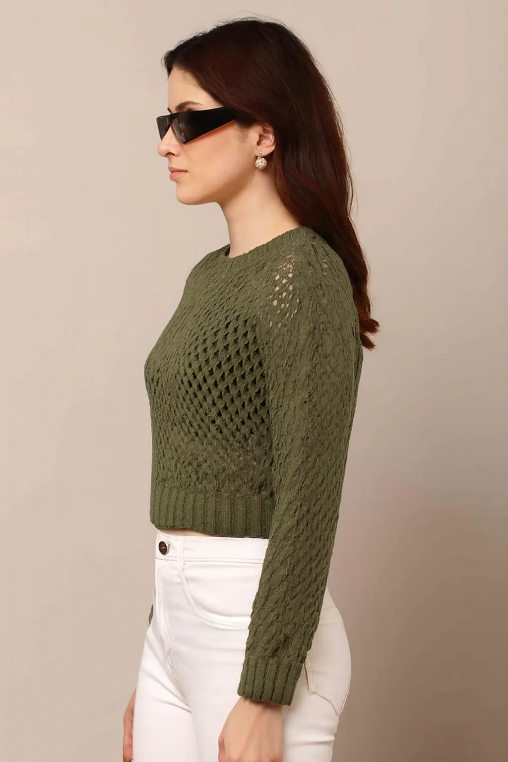 Women Green Acrylic Crop Sweater - Image 5