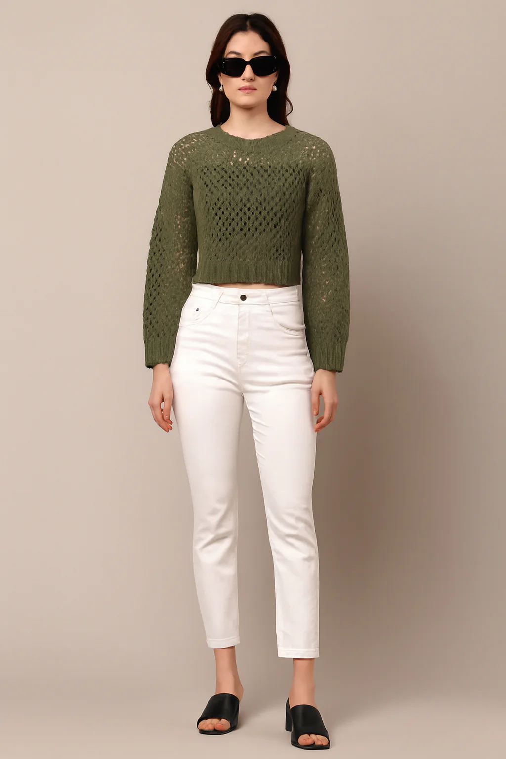 Women Green Acrylic Crop Sweater - Image 6