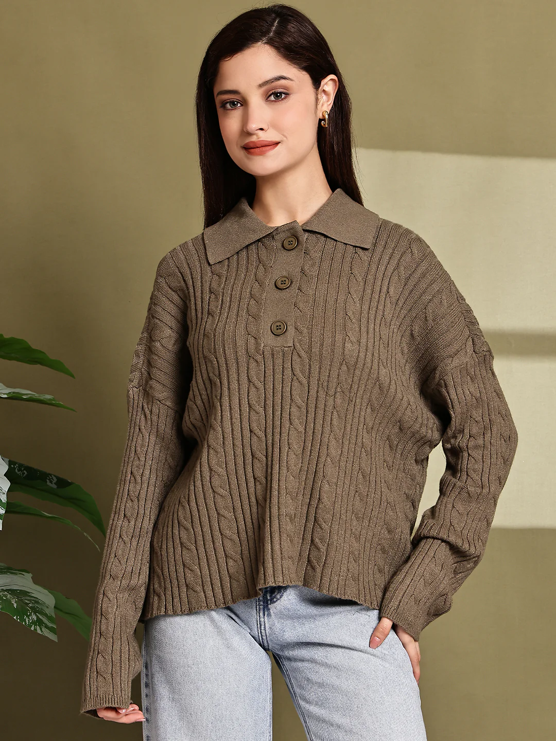 Women Green Acrylic Full Sleeve Polo Sweater - Image 2