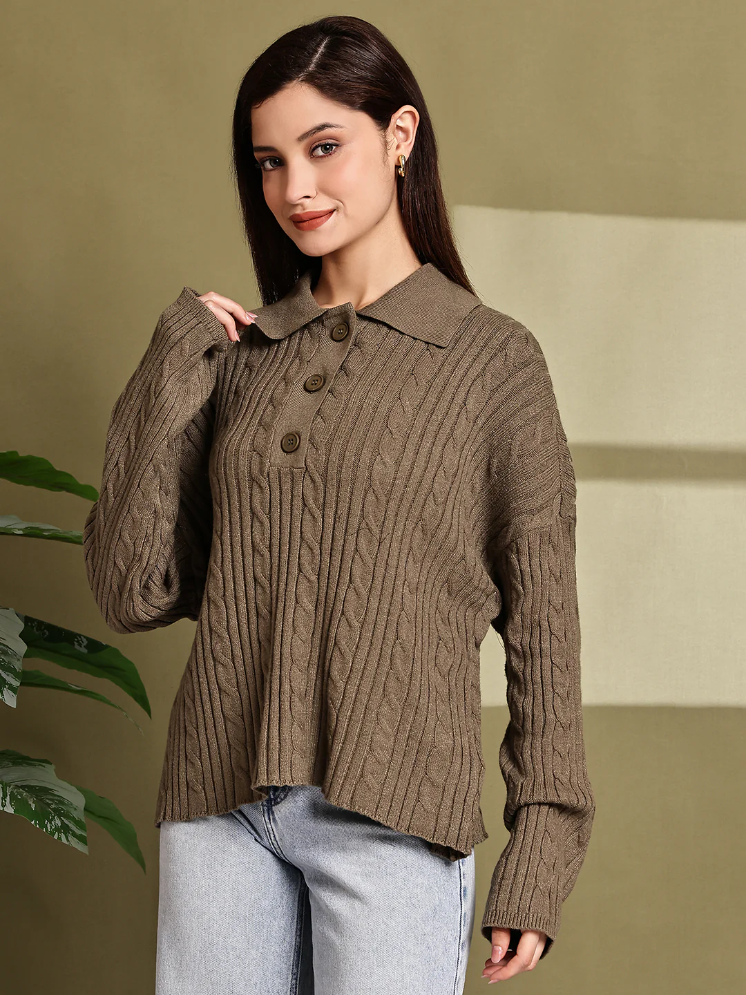 Women Green Acrylic Full Sleeve Polo Sweater - Image 5