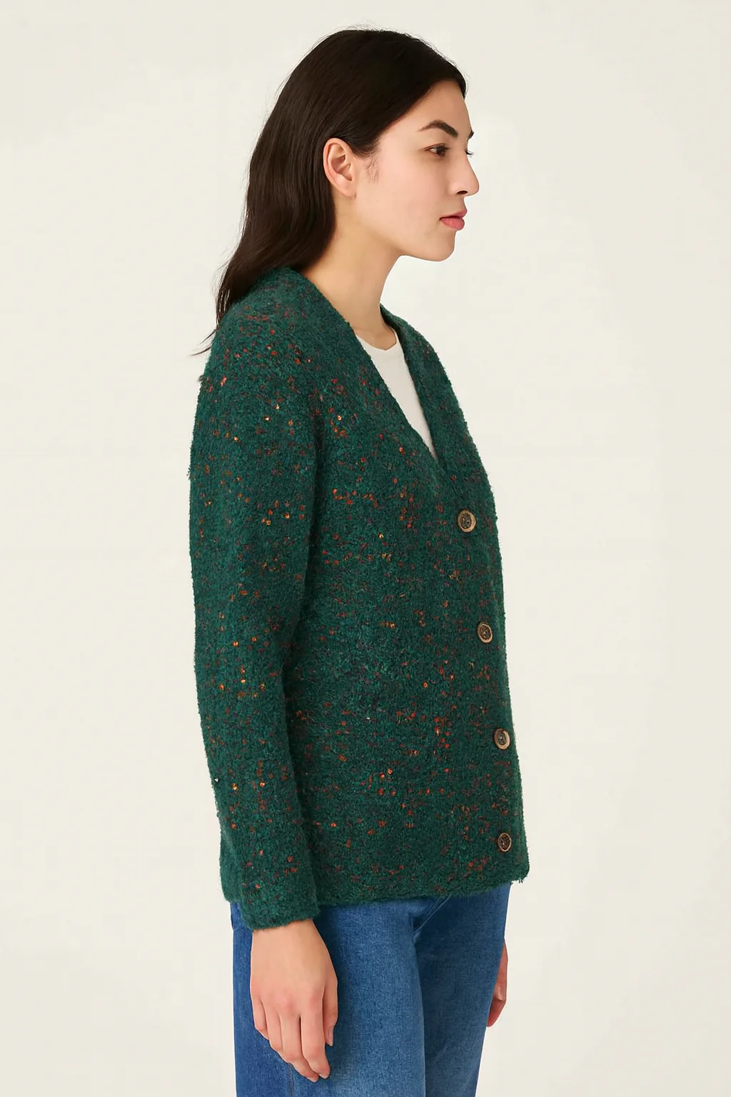 Women Green Acrylic V-Neck Knitted Cardigan - Image 5