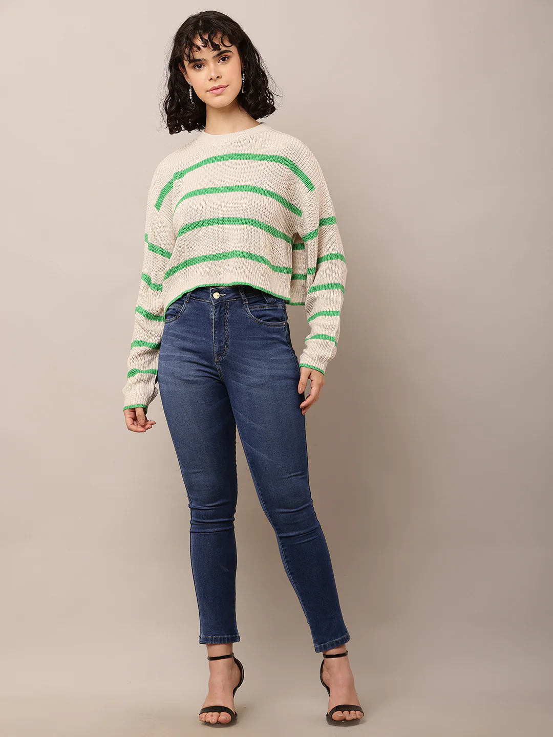 Women Green & Beige Striped Turtle Neck Sweater - Image 3