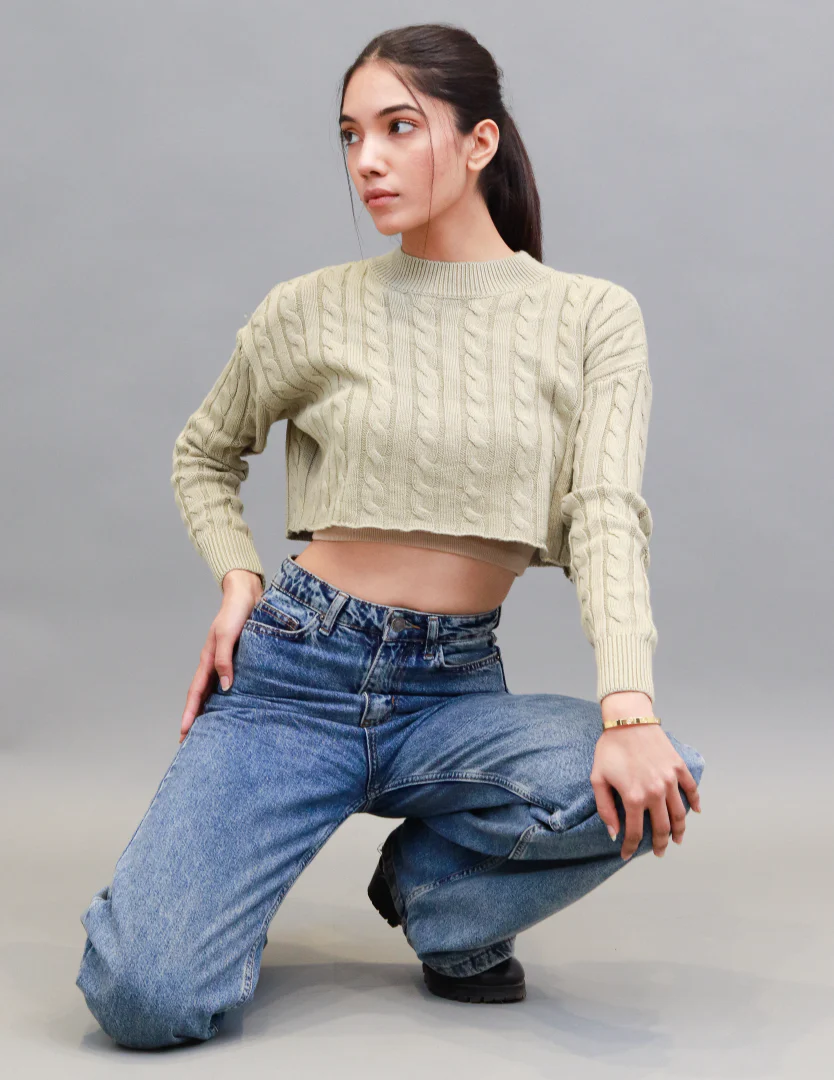 Women Green Cable Knit Sweater - Image 3